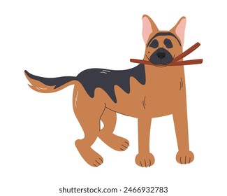 Playful german shepherd puppy isolated on white background. Clever big breed with wooden branch in doggie mouth. Cute canine domestic pet having active leisure. Dog hand drawn flat vector illustration