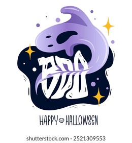 Playful ghost and bold text Boo. Sticker spooky design and decoration Halloween party. Vector illustration.