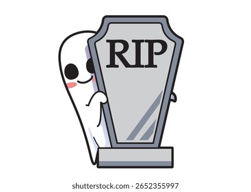 Playful ghost character peeking from behind a gravestone with RIP inscription, adding a lighthearted touch to Halloween celebrations