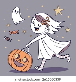 Playful Ghost Girl Dancing with Floating Pumpkin – Halloween Clipart