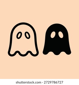 Playful ghost illustrations minimalist style black and white with light beige background two cartoon ghosts with simple oval eyes halloween design