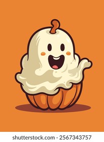 Playful ghost peeks from inside a jack-o-lantern set against a bright orange background, embodying Halloween spirit and fun.