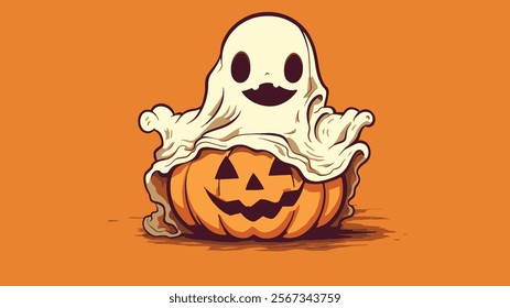 Playful ghost peeks from inside a jack-o-lantern set against a bright orange background, embodying Halloween spirit and fun