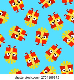Playful Gift Box Characters Seamless Pattern on Blue