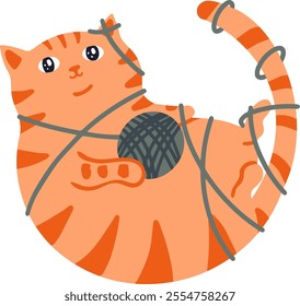 Playful ginger tabby cat finds itself adorably entangled in yarn, its paws wrapped around a ball of gray thread, creating a whimsical and charming scene