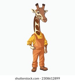 Playful Giraffe Builder Cartoon: Construction Worker Vector Illustration animal version