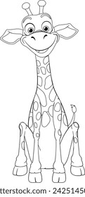 A playful giraffe cartoon in black and white.