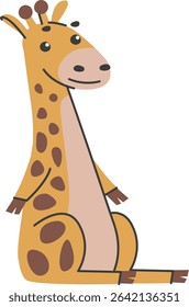 A playful giraffe is depicted in a simple, outlined style with brown spots.  The adorable creature sits calmly, showcasing a sweet expression and gentle features. Cartoon vector illustration