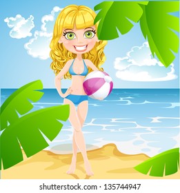 Playful girl in bathing suits with inflatable ball on sunny beach