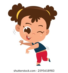  Playful Girl Dancing. This image features a cute cartoon girl with curly hair styled in puffs, wearing a blue tank top and red pants