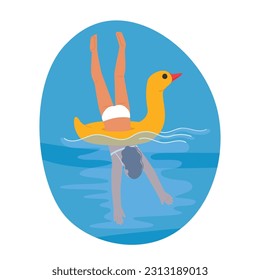 Playful Girl Jumps Into A Colorful Inflatable Ring, Splashing Into The Sparkling Sea With Joy And Excitement. Character Creating Unforgettable Holiday Memories. Cartoon People Vector Illustration