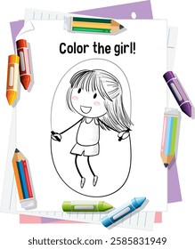 A playful girl surrounded by colorful crayons