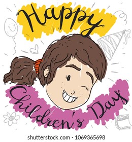 Playful girl winking at you and celebrating Children's Day with doodles in the background.