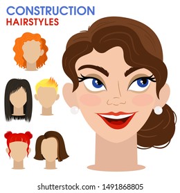 Playful girl. Woman face constructor. Cartoon vector style. Creation of spare parts. Different hairstyles and hair color. Character. Vector.