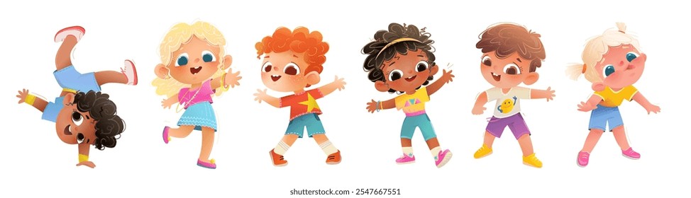 Niñas y niños juguetones bailando, personajes de niños colección. Alegres niños multirraciales jugando y bailando dibujos animados coloridos. Vector de niños en edad preescolar o escolar, colección de arte de Clip aislado.