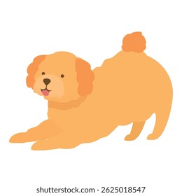 Playful golden doodle puppy is stretching out its front legs and getting ready to play