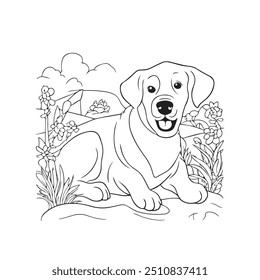 A playful golden retriever bounds through a sunlit meadow, its fur glistening in the golden rays. Around it, wildflowers bloom in vibrant colors, and tall grasses sway gently in the breeze.