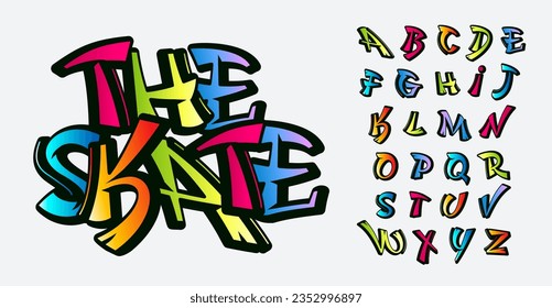 Playful graffiti alphabet, rebellious and colorful letters typeset. Funky teen font for skate and hip-hop culture. Lively and dynamic typographic design for t-shirt, poster, logo. Vector typeset