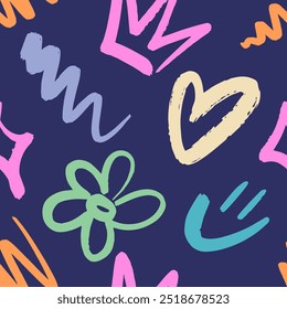 Playful Graffiti Seamless Pattern in Neon Colors. Urban typography print with Smile, Crown, Heart, Daisy. Abstract graphic underground unisex design for t-shirts and sweatshirt for teenagers.