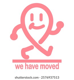 Playful graphic depicting relocation announcement with smiling character and location pin