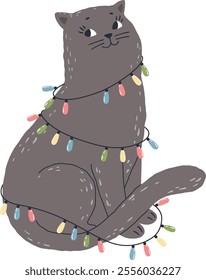 Playful gray cat, wrapped in colorful christmas lights, sits with a cheerful smile, radiating a cozy and festive holiday spirit that brings warmth to winter celebrations