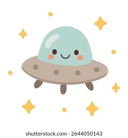 Playful gray UFO cartoon with blue dome and floating yellow stars. Fun sci-fi graphic perfect for alien themes and space designs.