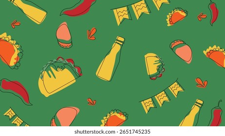 Fundo verde brincalhão repleto de tacos, garrafas, pimentas chili, faixas e sotaques festivos representando uma celebração mexicana.