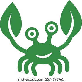 A playful green crab illustration with leaf-shaped claws, featuring a cheerful expression, symbolizing eco-friendliness and marine life.