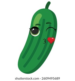 Playful green cucumber sending a kiss with heart symbol, ideal for stickers, kids’ prints, farming content or healthy food promotions