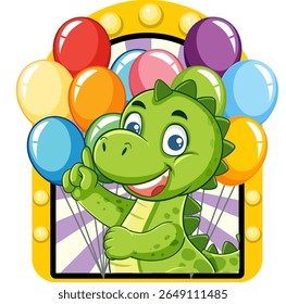 A playful green dinosaur surrounded by vibrant balloons in a cartoon style. Bright colors and joyful expression enhance the fun atmosphere