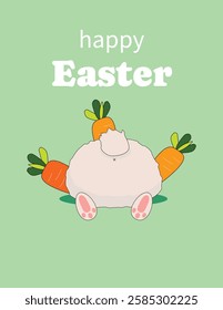 Playful green Easter card featuring a humorous scene of a bunny digging into a hole, showcasing its fluffy tail. The bunny is surrounded by vibrant orange carrots