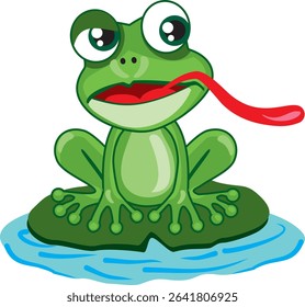 Playful green frog character with tongue sticking out and a cheeky expression. A humorous cartoon illustration perfect for children's books, games, t-shirts, and fun design projects. Provided as a cle