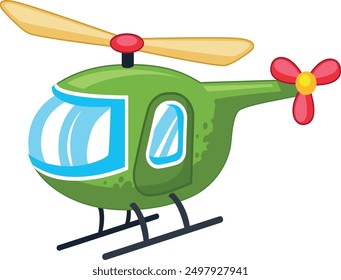 Playful green helicopter with oversized windows and propellers, perfect for kids’ books, educational content, aviation-themed designs, or playful graphics.