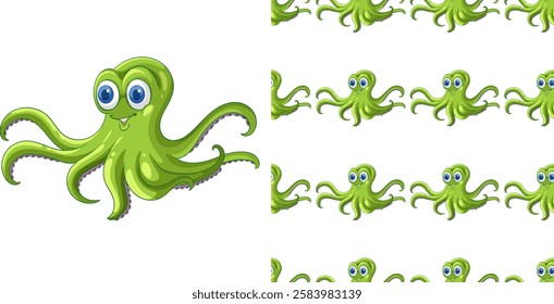 Playful green octopus with big eyes, repeated pattern