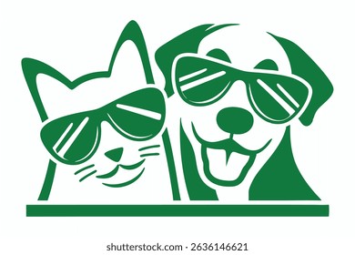 Playful green silhouette of cat and dog wearing sunglasses on a white background