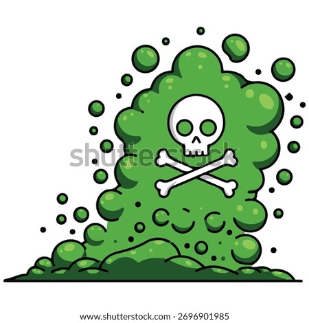 Playful green stench cloud with danger symbols cartoon vector artwork isolated on plain background
