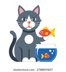 A playful grey cat with white markings holds a small orange goldfish in its paw next to a blue fishbowl containing another fish. Perfect for pet themed designs.