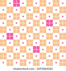 Playful grid dots and squares seamless pattern. Vector background. Beige, white and pink ornament tile. 