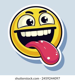 A playful, grinning emoji with a tongue sticking out, in a vibrant vector illustration style, set against a light blue background, embodying a concept of fun and humor. Vector illustration