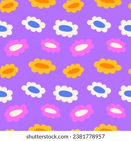 Playful groovy abstract flowers illustration. Simple hand drawn seamless pattern. Colorful cartoon style background