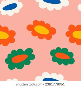 Playful groovy abstract flowers illustration. Simple hand drawn seamless pattern. Colorful cartoon style background