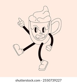 Playful groovy cartoon mug character with whipped cream in line art style. Perfect for retro or fun design.