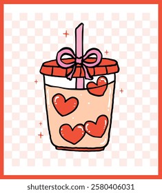 Playful Groovy Iced Coffee Illustration with Valentine Heart and Hand Drawn Charm