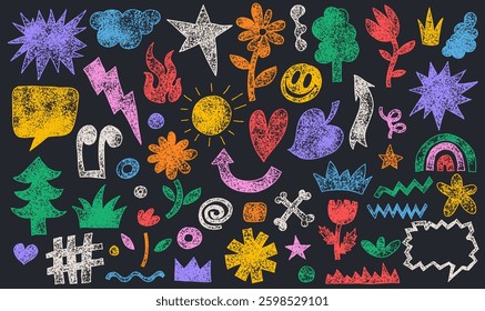 Playful Grunge With Crown, Rainbow, Arrow With Crayon, Pastel Or Chalk Texture Set. Hand Drawn Cute Shapes For Kids Design. Doodle Vector Charcoal Doodle Shapes And Squiggles In Childish Girly Style.