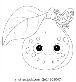 A playful guava with a tiny butterfly line art coloring page
