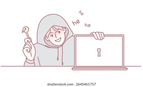 Um hacker brincalhão alegremente segura uma chave, que simboliza tanto segurança cibernética quanto acesso a informações importantes