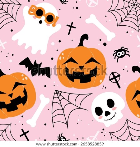 Playful Halloween Background with Jack-o'-lantern, Skull, Web, Spider and Ghost. Cartoon Seamless Pattern