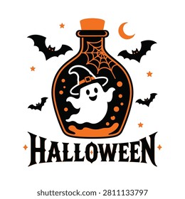 A playful Halloween design featuring a smiling ghost in a witch hat inside an orange and black bottle with spider web, surrounded by bats, stars, and a crescent moon on a white background.
