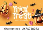 Playful Halloween design template with pumpkins, candy, bats, witch hat, and lollipops on orange background. Perfect for party cards, seasonal flyers, invitations, and festive holiday vector illustrat