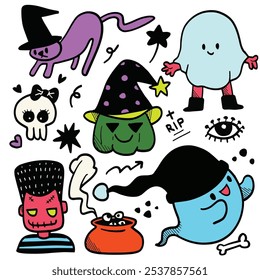 Garabatos juguetones de Halloween con fantasmas, brujas, cráneos y pociones en colores divertidos, aislados sobre fondo blanco